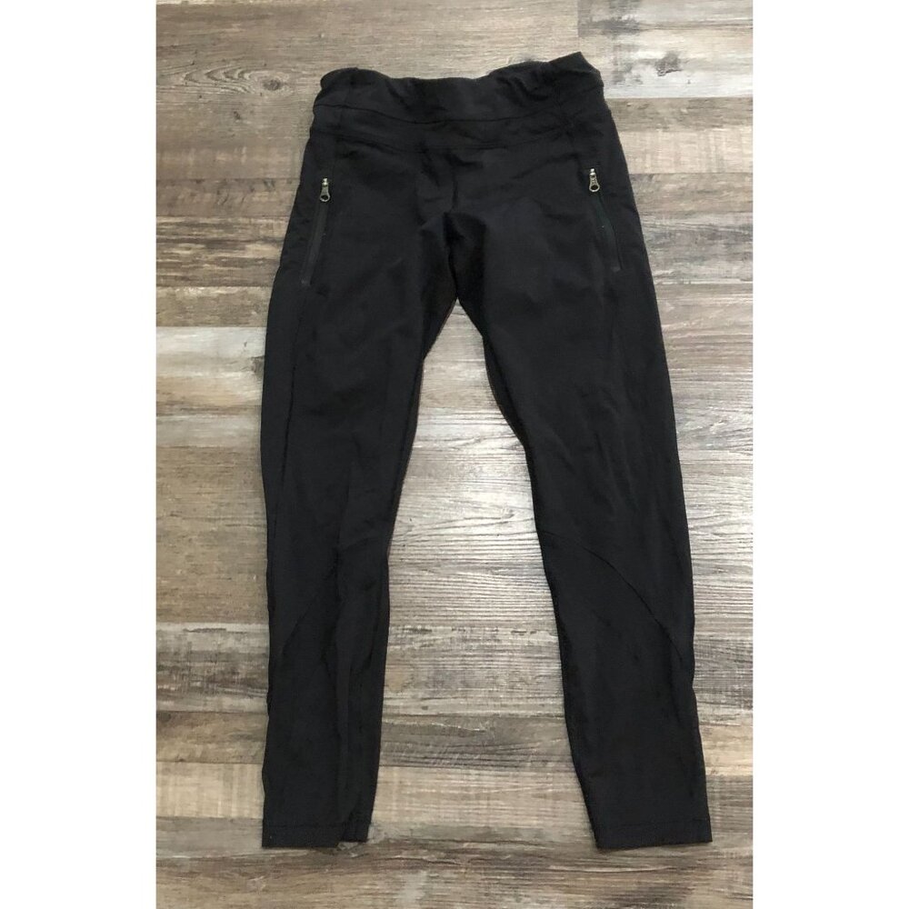 Lululemon Womens Size 8 Black Athletic Leggings Front Zip Pockets Mesh